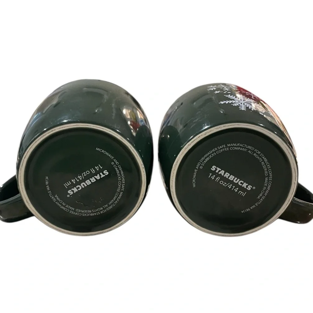 Set of 2 Starbucks Dark Green Snowflake Coffee Mugs 14 fl oz